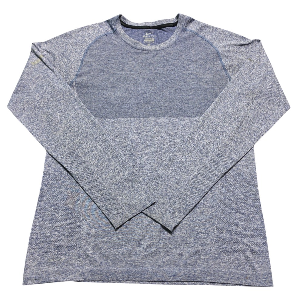 Nike Dri-FIT Knit Mens Blue Heathered Long Sleeve Training Shirt M Seamless